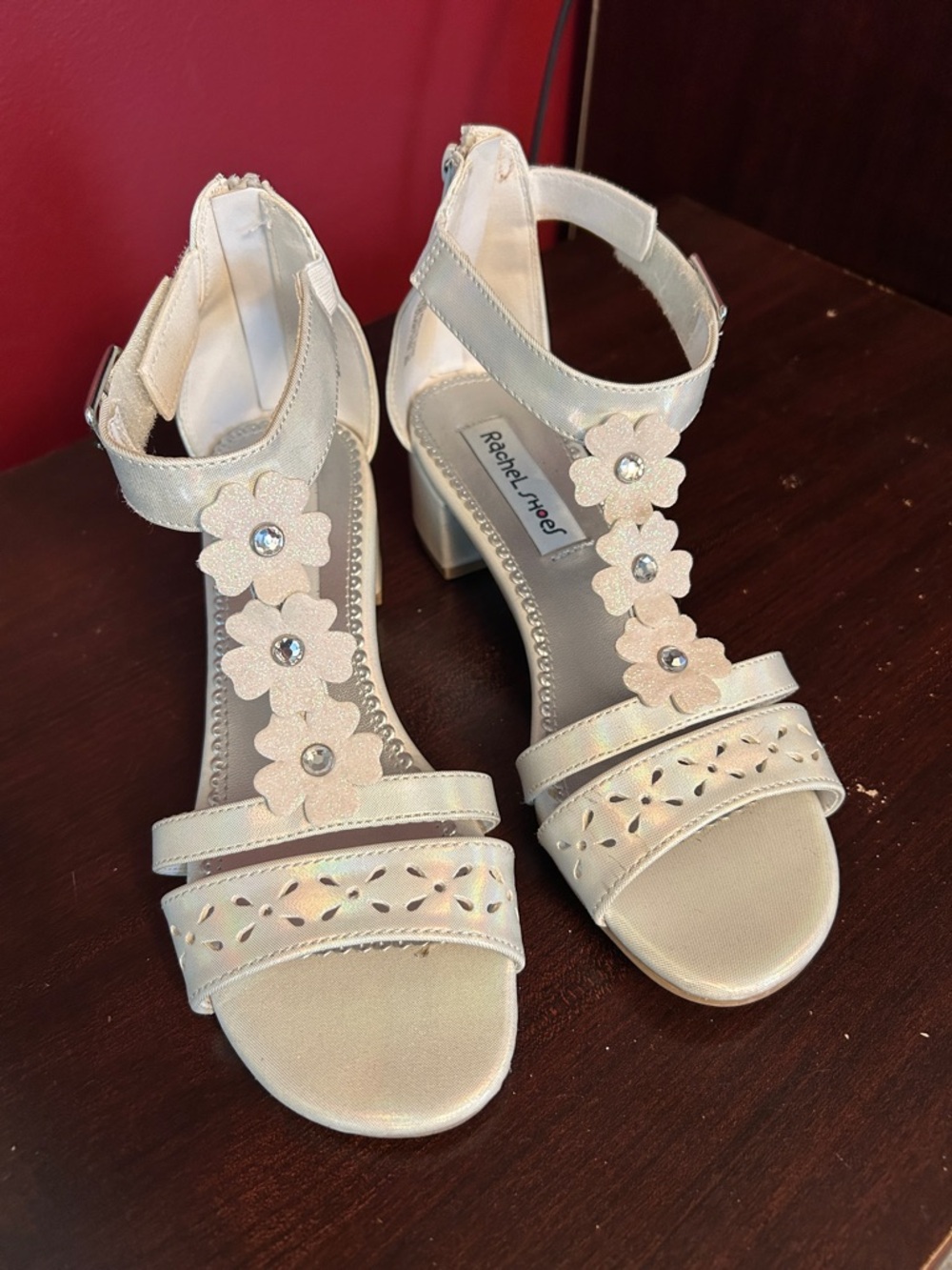 White Floral T-Strap Block Heel Sandals